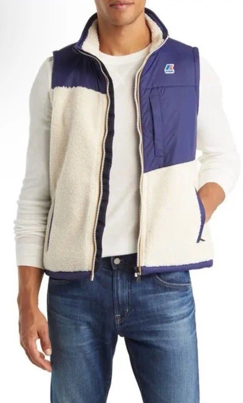 K-WAY Men's Neize Orsetto Fleece Vest - Blue Medieval-Ecru Sz Small NWT